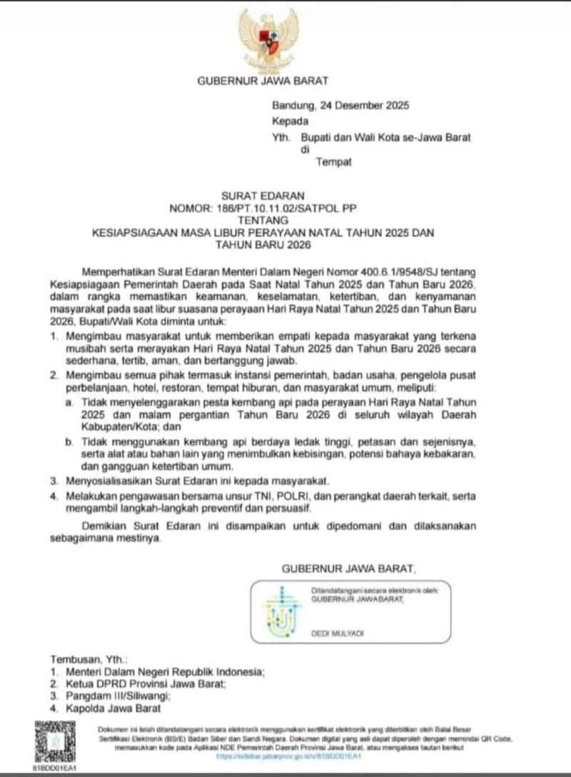 Gubernur Jawa Barat Dedi Mulyadi menerbitkan Surat Edaran tentang kesiapsiagaan masa libur perayaan Natal Tahun 2025 dan Tahun Baru 2026. 