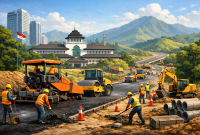 Ilustrasi visual proyek pembangunan dan perbaikan infrastruktur jalan di Jawa Barat sebagai representasi kesiapan Pemerintah Provinsi Jawa Barat dalam merealisasikan pembayaran proyek jalan yang sempat tertunda. Ilustrasi: AI-generated image
