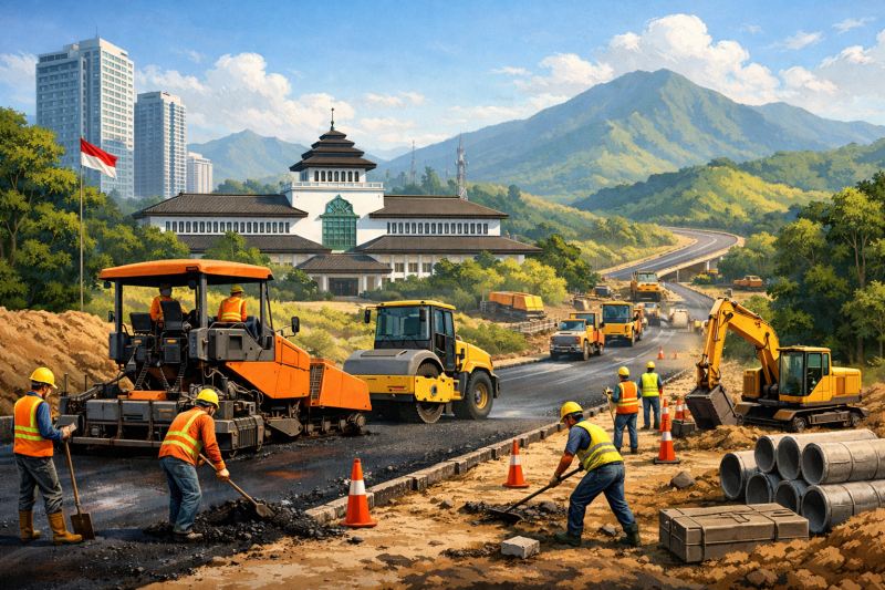 Ilustrasi visual proyek pembangunan dan perbaikan infrastruktur jalan di Jawa Barat sebagai representasi kesiapan Pemerintah Provinsi Jawa Barat dalam merealisasikan pembayaran proyek jalan yang sempat tertunda.  Ilustrasi: AI-generated image