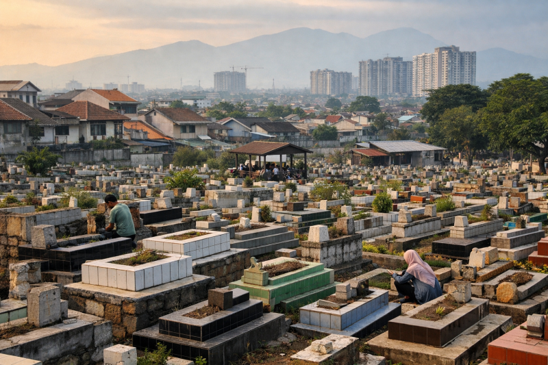 Ilustrasi kondisi area pemakaman yang padat di wilayah perkotaan, mencerminkan krisis lahan pemakaman yang dialami warga akibat tingginya kepadatan penduduk dan minimnya lahan kosong. Foto: Dok. Istimewa