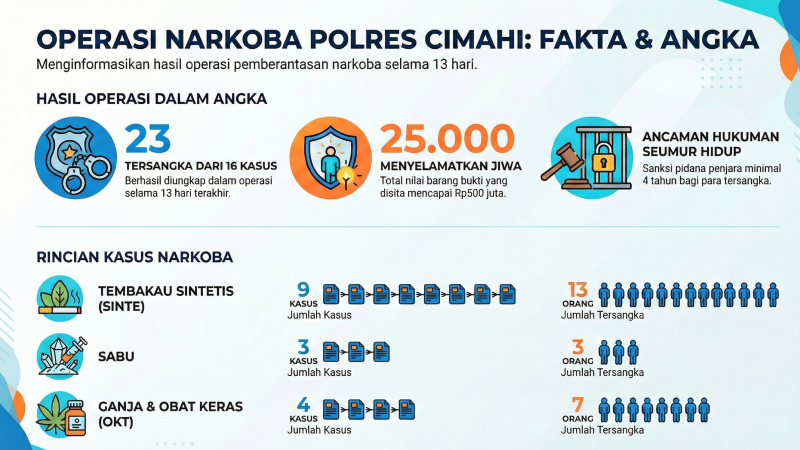 Infografik pengungkapan kasus narkoba oleh Polres Cimahi dalam tiga belas hari. Ilustrasi: AI-generated.