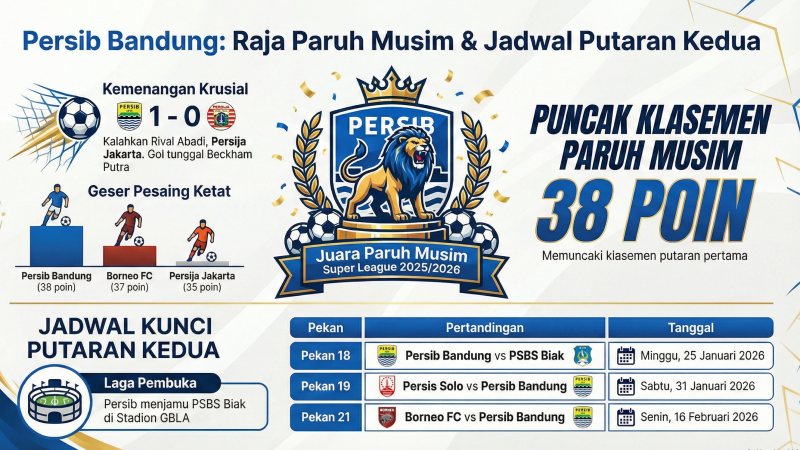 Infografik Persib Bandung menutup putaran pertama Super League 2025/2026 sebagai pemuncak klasemen dengan raihan 38 poin, sekaligus menampilkan jadwal kunci Maung Bandung pada putaran kedua kompetisi.