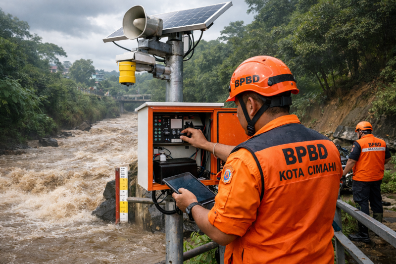 Ilustrasi: Petugas BPBD Kota Cimahi yang melakukan pengecekan rutin pada salah satu perangkat Early Warning System (EWS) pemantau muka air sungai. Di tengah ancaman cuaca ekstrem yang diprediksi mencapai puncaknya pada Maret mendatang, kesiapan infrastruktur peringatan dini dan koordinasi personel menjadi kunci utama dalam menjaga 15 kelurahan rawan bencana di Cimahi agar tetap siaga menghadapi potensi banjir bandang dan longsor. Ilustrasi: Kabar Pajajaran