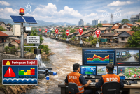 Ilustrasi: simulasi perangkat Early Warning System (EWS) yang akan menjadi garda terdepan dalam sistem peringatan dini banjir di Kota Cimahi. Dengan rencana penambahan 8 titik pantau muka air tahun ini, BPBD Kota Cimahi berupaya memberikan kepastian informasi bagi warga di 15 kelurahan rawan bencana. Inovasi teknologi ini bertujuan meningkatkan skor keselamatan masyarakat melalui deteksi dini arus dan ketinggian air sungai secara real-time. Ilustrasi: Kabar Pajajaran