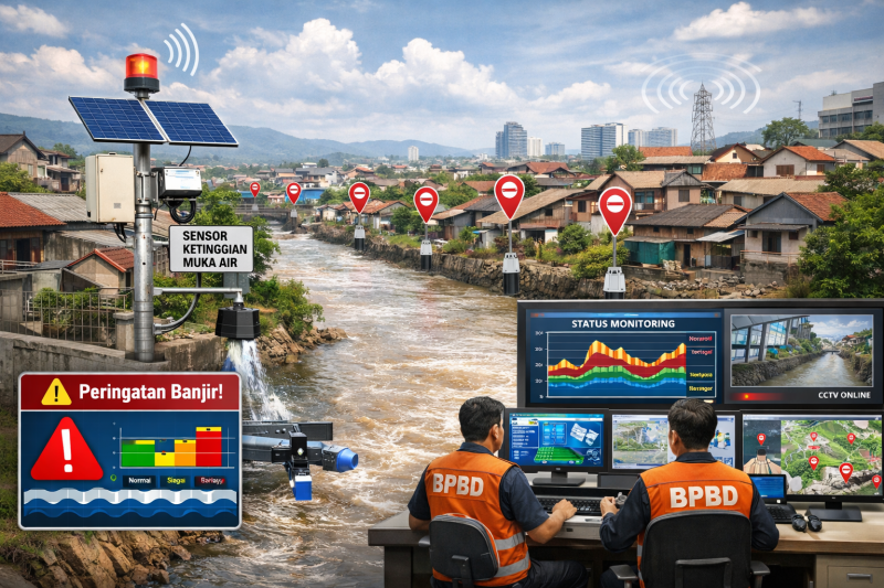 Ilustrasi: simulasi perangkat Early Warning System (EWS) yang akan menjadi garda terdepan dalam sistem peringatan dini banjir di Kota Cimahi. Dengan rencana penambahan 8 titik pantau muka air tahun ini, BPBD Kota Cimahi berupaya memberikan kepastian informasi bagi warga di 15 kelurahan rawan bencana. Inovasi teknologi ini bertujuan meningkatkan skor keselamatan masyarakat melalui deteksi dini arus dan ketinggian air sungai secara real-time. Ilustrasi: Kabar Pajajaran