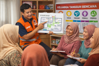 Ilustrasi: Petugas BPBD Kota Cimahi melakukan sosialisasi program Keluarga Tangguh Bencana kepada kelompok ibu rumah tangga. Dalam kegiatan ini, para ibu yang berperan sebagai katalisator rumah tangga diajarkan cara memetakan jalur evakuasi mandiri di dalam rumah. Upaya edukasi berbasis komunitas ini menjadi faktor kunci yang menempatkan Kota Cimahi di peringkat kedua Indeks Ketahanan Daerah se-Jawa Barat, membuktikan bahwa ketangguhan kota dimulai dari kesiapsiagaan di level keluarga. Ilustrasi: Kabar Pajajaran