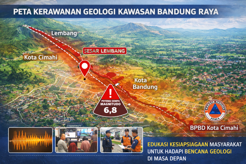 Ilustrasi: Peta kerawanan geologi kawasan Bandung Raya yang menunjukkan garis lintasan Sesar Lembang yang berdekatan dengan wilayah Kota Cimahi. Di tengah prestasi sebagai daerah dengan risiko bencana terkecil kedua di Jawa Barat, BPBD Kota Cimahi tetap memprioritaskan kesiapsiagaan menghadapi potensi gempa magnitudo 6,8. Edukasi yang berkesinambungan bagi setiap generasi sangat penting agar masyarakat tetap tangguh dan siap menghadapi ancaman bencana geologi di masa depan. Ilustrasi: Kabar Pajajaran