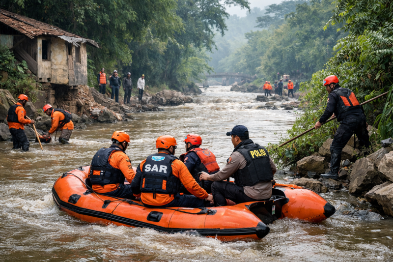 Ilustrasi: Pencarian korban hanyut di sungai oleh tim gabungan kepolisian, SAR, relawan, dan warga dengan menyisir aliran sungai.