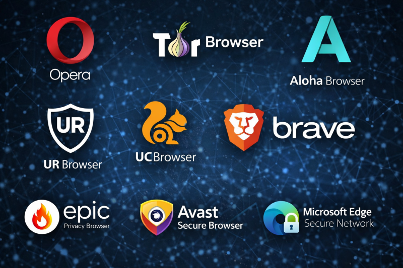 Ilustrasi Beberapa Logo Browser dengan VPN Gratis (AI)