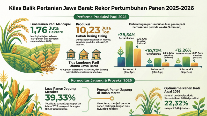 Infografik Data BPS Jawa Barat menampilkan peningkatan luas panen dan produksi padi, beras, serta jagung sepanjang 2025, termasuk perbandingan antar subround dan proyeksi potensi panen Januari–Maret 2026. Foto: Ilustrasi