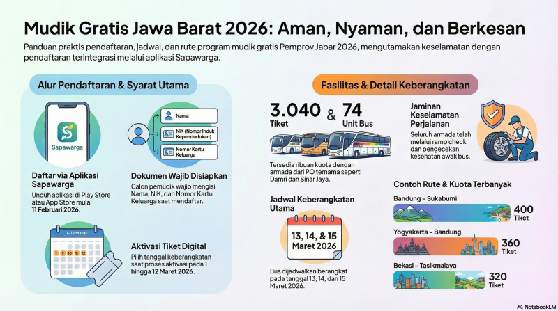 Warga Jawa Barat kini dapat mendaftarkan diri secara daring melalui aplikasi Sapawarga untuk mendapatkan kuota Mudik Gratis 2026 ke berbagai rute seperti Yogyakarta, Solo, hingga Sukabumi sebelum pendaftaran ditutup pada 12 Maret 2026. Ilustrasi: Kabar Pajajaran, generated by NotebookLM