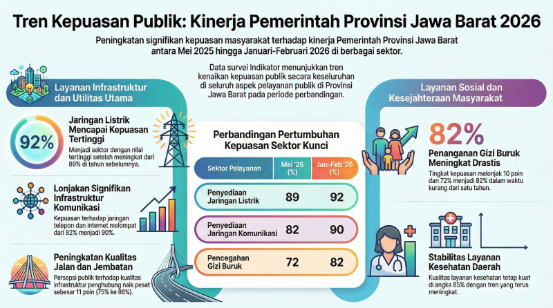 Infografik Tren Kepuasan Publik: Visualisasi tingkat kepuasan masyarakat terhadap 10 indikator kinerja Pemerintah Provinsi Jawa Barat antara periode Mei 2025 dan Januari-Februari 2026, yang menunjukkan kenaikan di semua sektor. Sumber: Indikator Politik Indonesia, Survei Provinsi Jawa Barat (30 Januari – 8 Februari 2026). Ilustrasi: Kabar Pajajaran