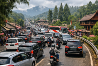 Kepadatan kendaraan terlihat di jalur menuju kawasan wisata Lembang, Kabupaten Bandung Barat, saat H+3 Idul Fitri 2026. Dinas Perhubungan Jawa Barat mencatat lonjakan volume kendaraan di sejumlah destinasi wisata populer. Foto: Ilustrasi