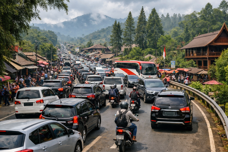 Kepadatan kendaraan terlihat di jalur menuju kawasan wisata Lembang, Kabupaten Bandung Barat, saat H+3 Idul Fitri 2026. Dinas Perhubungan Jawa Barat mencatat lonjakan volume kendaraan di sejumlah destinasi wisata populer. Foto: Ilustrasi