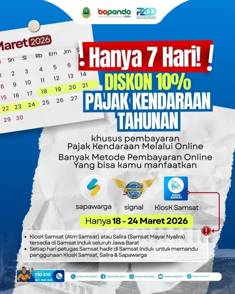 Libur Lebaran 2026, Pemprov Jabar Beri Diskon Pajak Kendaraan 10 Persen