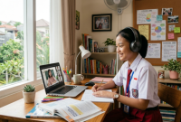 Ilustrasi siswa belajar online di rumah (gemini)
