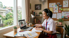 Ilustrasi siswa belajar online di rumah (gemini)