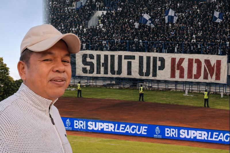 Gubernur Jawa Barat Dedi Mulyadi memberi tanggapan terkait bentangan spanduk 'Shut Up KDM' di stadion GBLA, Minggu (26/4/2026).