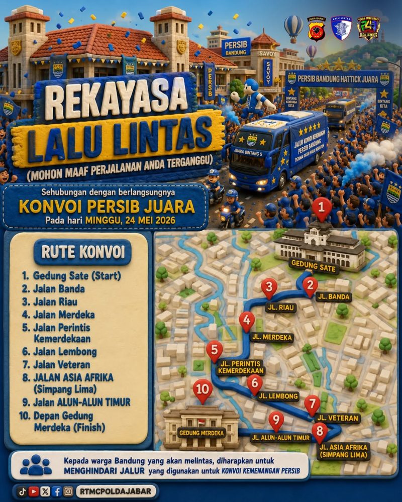 Kota Bandung akan melakukan perayaan juara Persib Bandung usai memastikan gelar BRI Super League 2025/2026. Konvoi kemenangan dijadwalkan berlangsung dari Gedung Sate hingga Gedung Merdeka. Berikut rutenya! Foto: RTMC Polda Jabar