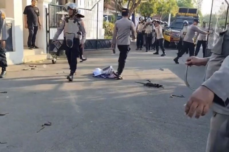 Aksi pelemparan ular dalam unjuk rasa yang dilakukan massa Aliansi Topi Jerami di depan Pendopo Indramayu viral di media sosial.

