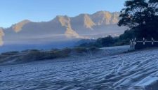 Fenomena embun upas atau serbuk tipis es di lautan pasir Gunung Bromo yang menandai suhu dingin ekstrem di kawasan tersebut, Senin (8/6/2026). (Dok. Camat Tosari, Kabupaten Pasuruan )