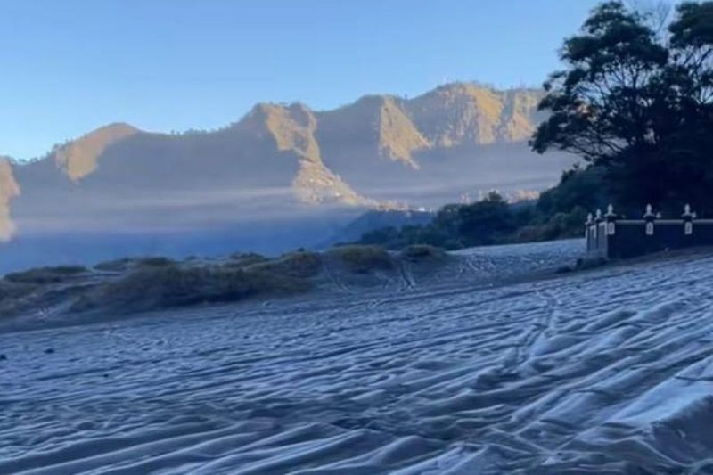 Fenomena embun upas atau serbuk tipis es di lautan pasir Gunung Bromo yang menandai suhu dingin ekstrem di kawasan tersebut, Senin (8/6/2026). (Dok. Camat Tosari, Kabupaten Pasuruan )