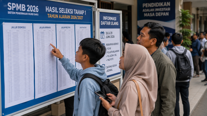 Calon murid baru dan orang tua memantau hasil seleksi SPMB 2026 menjelang proses daftar ulang di sekolah tujuan masing-masing. (Ilustrasi: AI)