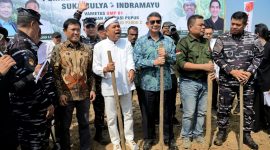Gubernur Jawa Barat Dedi Mulyadi bersama sejumlah pemangku kepentingan menghadiri kegiatan penanaman kedelai di lahan seluas 210 hektare di Desa Sukamulya, Kecamatan Tukdana, Kabupaten Indramayu, Rabu (10/6/2026). Kegiatan tersebut menjadi bagian dari upaya mendukung program swasembada kedelai nasional sekaligus mendorong petani menerapkan pola tanam yang menjaga kesuburan tanah. (Foto: Humas Jabar)