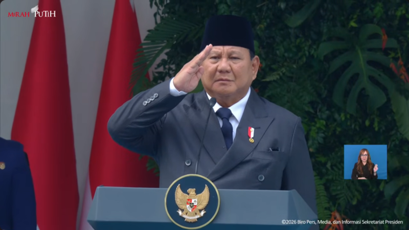 Presiden Prabowo Subianto dalam upacara Hari Lahir Pancasila di Kemenlu, Jakarta, Senin (1/6/2026). (Dok. YouTube Setpres)
