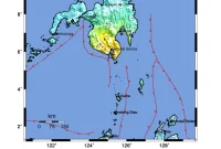 Pemutakhiran Peringatan Dini, Tsunami akibat gempa dengan kekuatan:7.7, lokasi: 244 km BaratLaut PULAUKARATUNG-SULUT, waktu:08-Jun-26 06:37:42 WIB, telah terdeteksi di LOLODA-HALMAHERABARAT (07:20WIB) 0.09m, MELONGUANE-KEPULUANTALAUD (07:27WIB) 0.19m, ULUSIAU-SITARO (07:27WIB) 0.18m (BMKG)