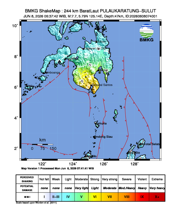 Pemutakhiran Peringatan Dini, Tsunami akibat gempa dengan kekuatan:7.7, lokasi: 244 km BaratLaut PULAUKARATUNG-SULUT, waktu:08-Jun-26 06:37:42 WIB, telah terdeteksi di LOLODA-HALMAHERABARAT (07:20WIB) 0.09m, MELONGUANE-KEPULUANTALAUD (07:27WIB) 0.19m, ULUSIAU-SITARO (07:27WIB) 0.18m (BMKG)