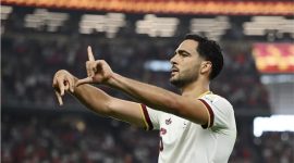 Gelandang Spanyol Mikel Merino merayakan gol kemenangan ke gawang Portugal pada pertandingan babak 16 besar Piala Dunia FIFA 2026 di Dallas, Texas, Amerika Serikat. Gol pada menit ke-91 membawa La Roja menang 1-0 dan lolos ke perempat final. Foto: FIFA.