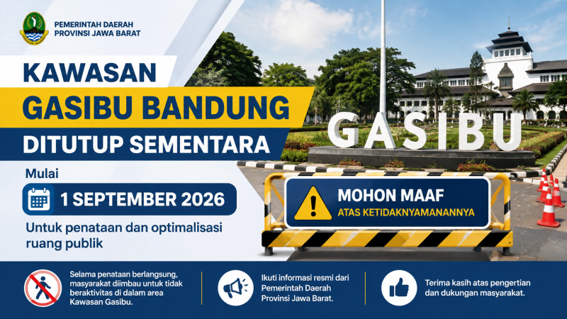 Kawasan Gasibu Bandung ditutup sementara mulai 1 September 2026 untuk penataan dan optimalisasi ruang publik.