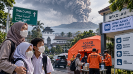 Ilustrasi kesiapsiagaan masyarakat menghadapi sebaran abu vulkanik Gunung Anak Krakatau di Jawa Barat. (AI generated)