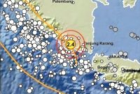 Tiga gempa bumi terjadi beruntun di wilayah Tanggamus, Lampung, Selasa (6/10/2026) malam. Jarak waktu antargempa hanya sekitar 29 menit dan 12 menit.(BMKG)
