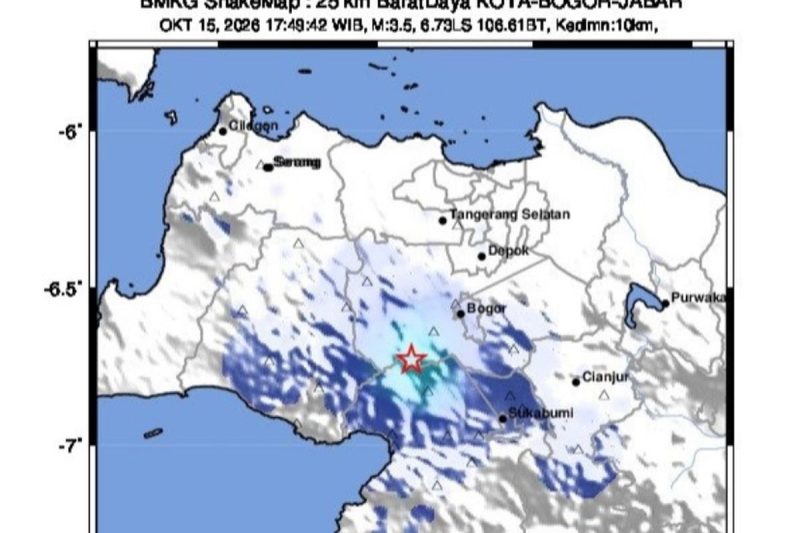 Tangkapan layar titik koordinat gempa tektonik yang terjadi di Sukabumi-Bogor pada Kamis (15/10/2026) sore(Dokumentasi BMKG)



