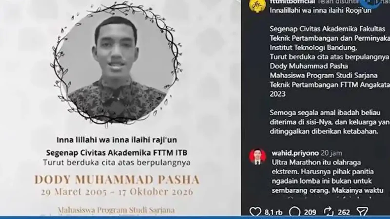 MAHASISWA MENINGGAL - Seorang mahasiswa sekaligus peserta ITB Ultra Marathon 2026, Dody Muhammad Pasha meninggal dunia saat melintas di Cianjur, Jawa Barat pada Sabtu (17/10/2026).
